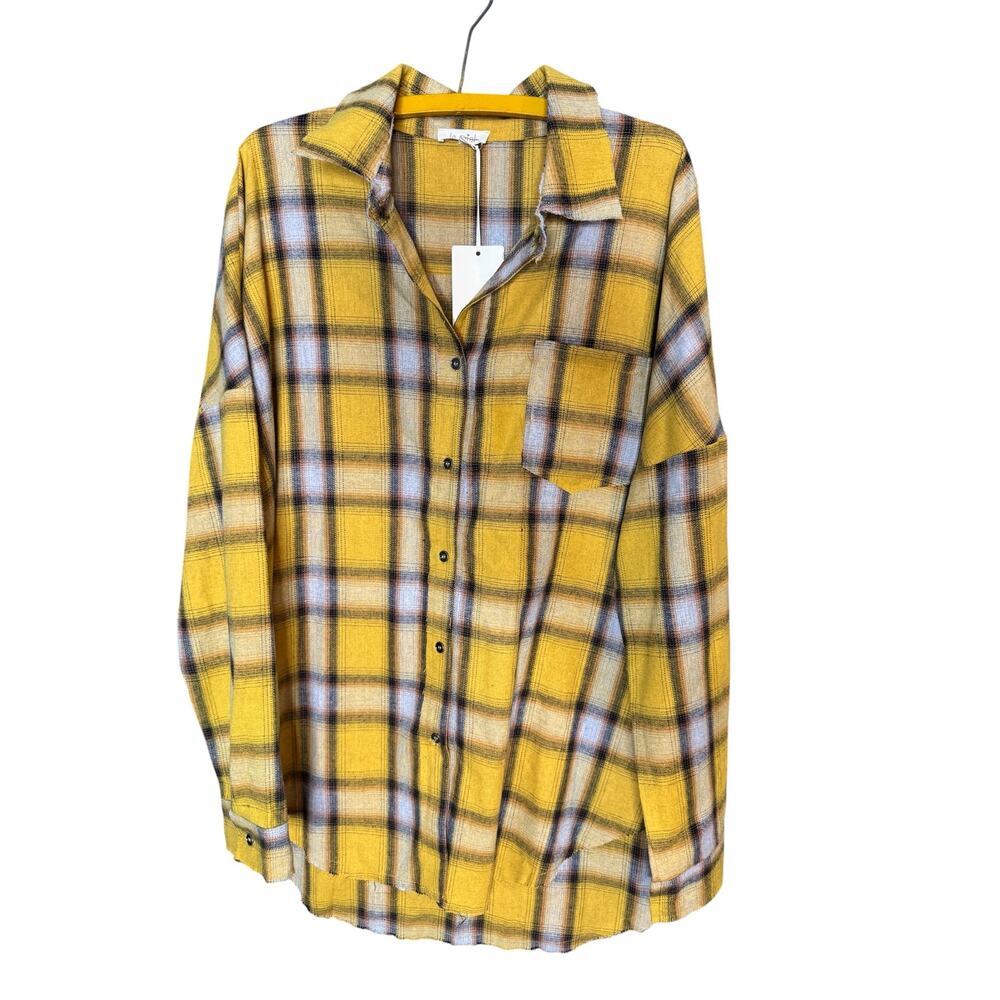 La Miel Flannel Shirt Womens Lrg Yellow Plaid Button Front Raw Hem Cotton Blend